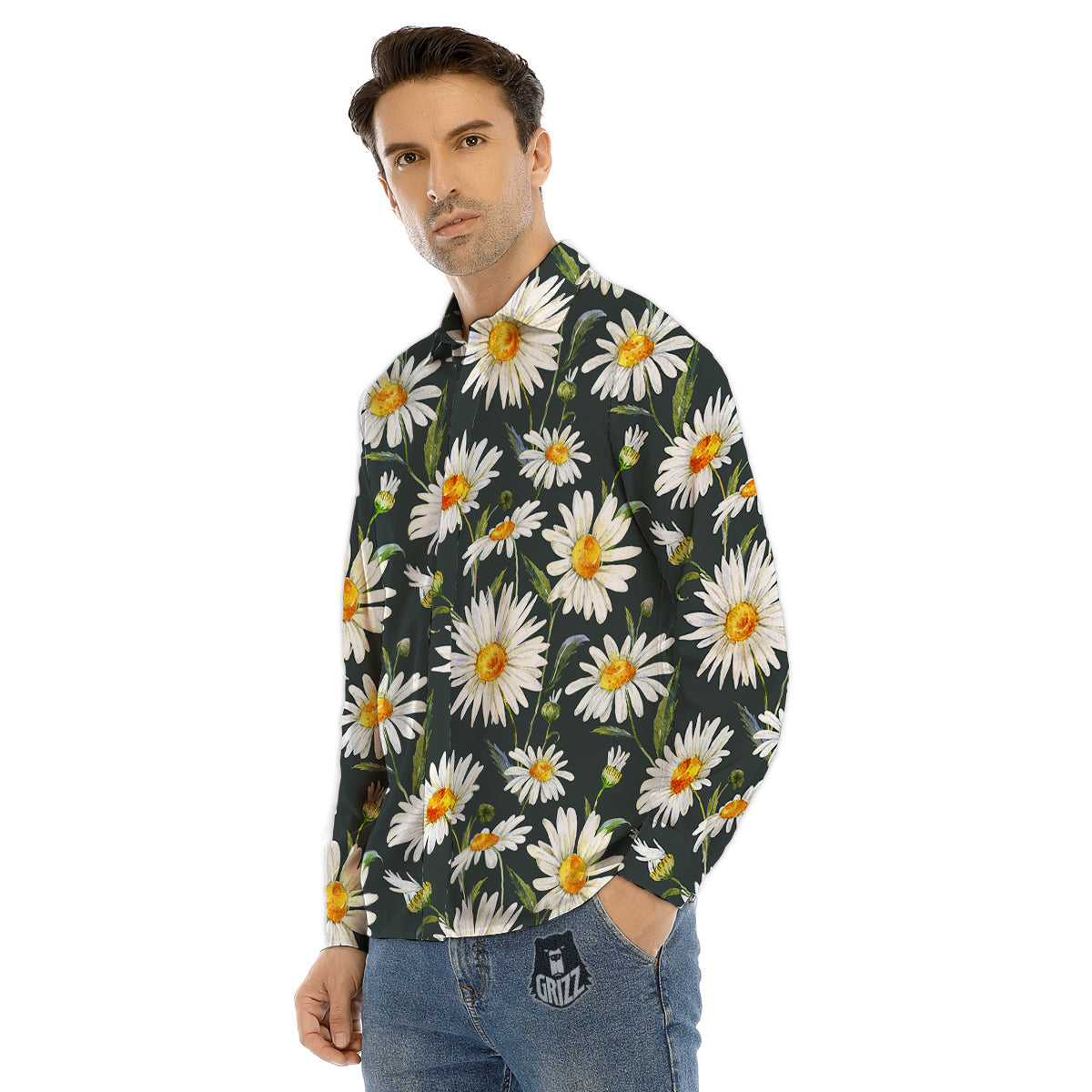 White Daisy Watercolor Print Pattern Men's Dress Shirts-grizzshop