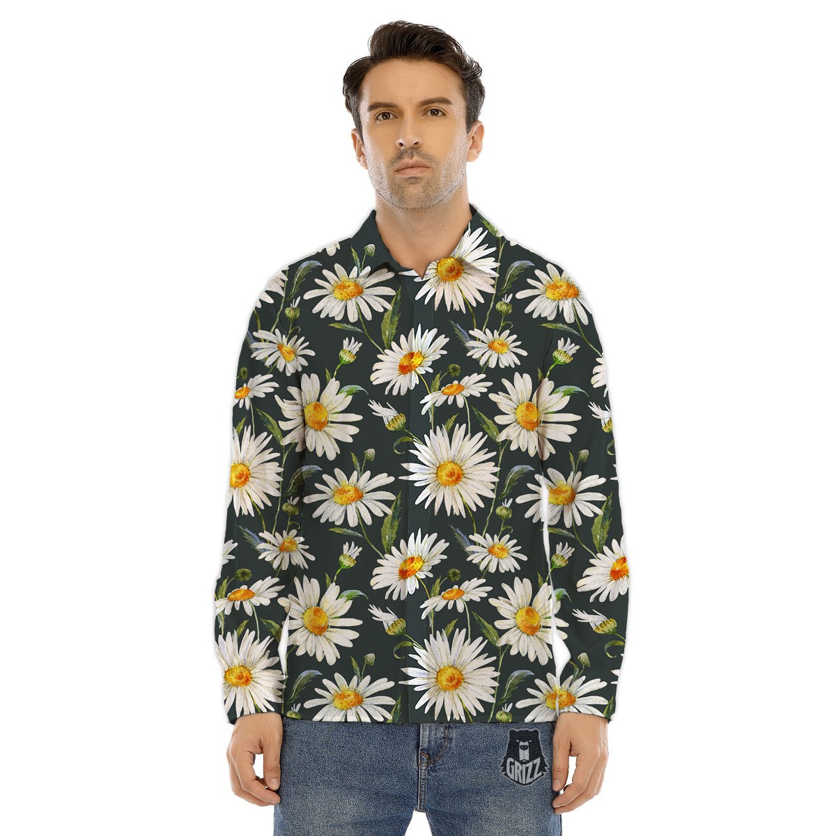 White Daisy Watercolor Print Pattern Men's Dress Shirts-grizzshop