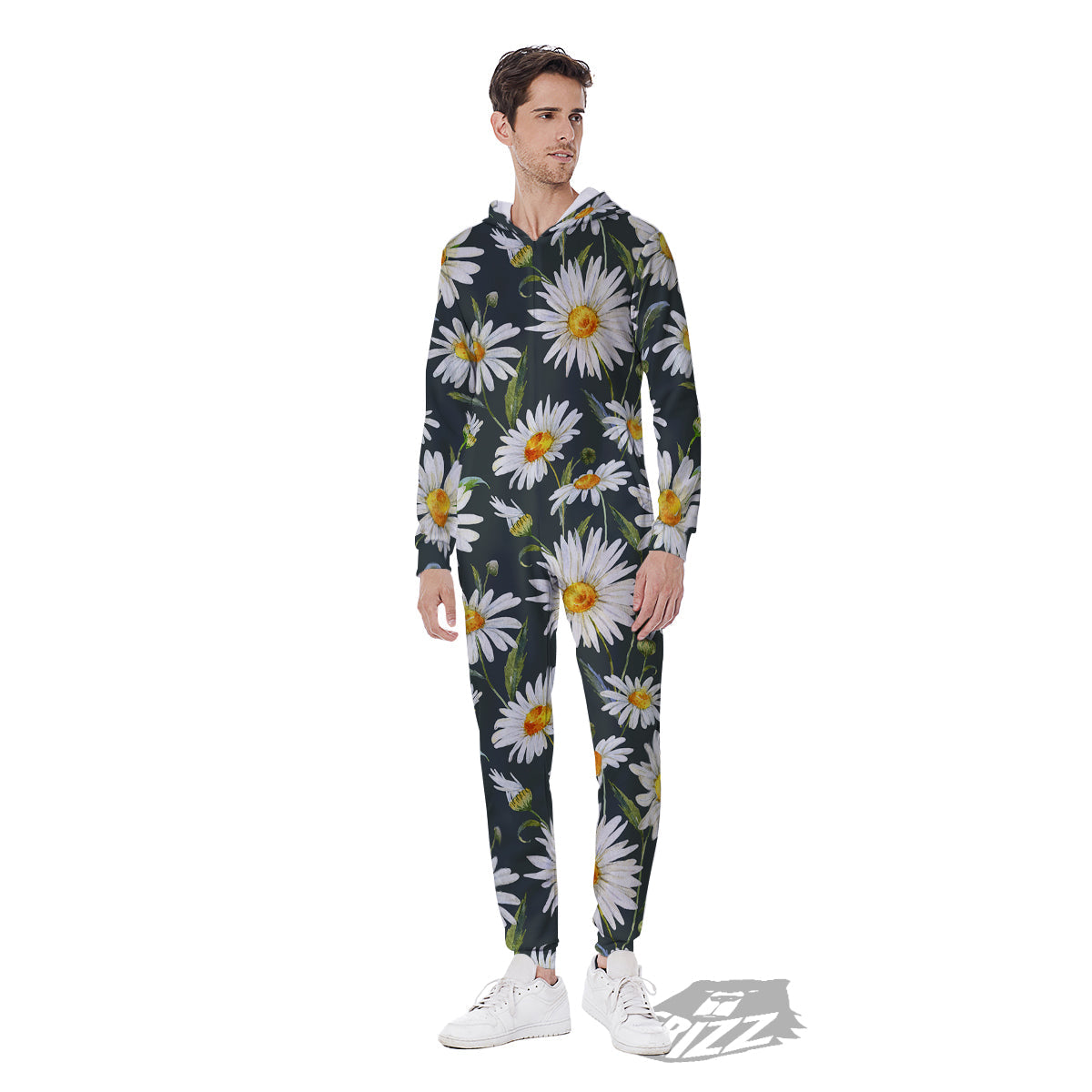 White Daisy Watercolor Print Pattern Men's Jumpsuit-grizzshop