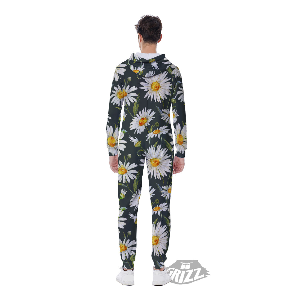White Daisy Watercolor Print Pattern Men's Jumpsuit-grizzshop