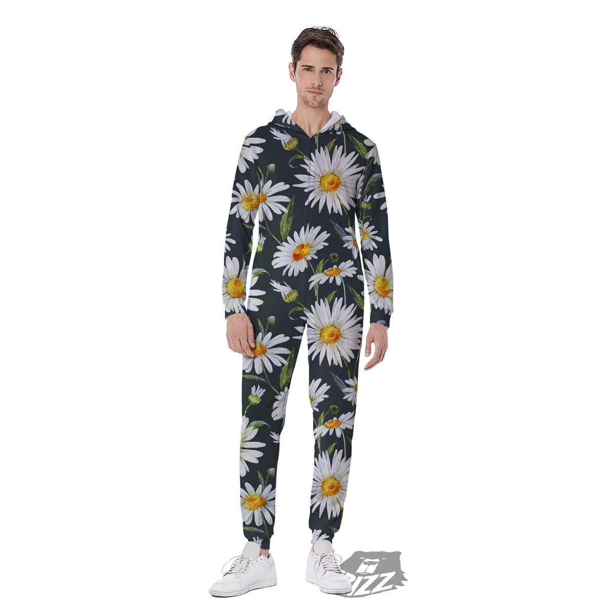 White Daisy Watercolor Print Pattern Men's Jumpsuit-grizzshop
