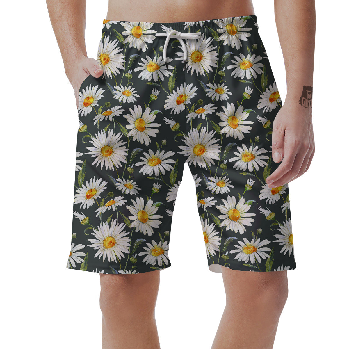White Daisy Watercolor Print Pattern Men's Shorts-grizzshop