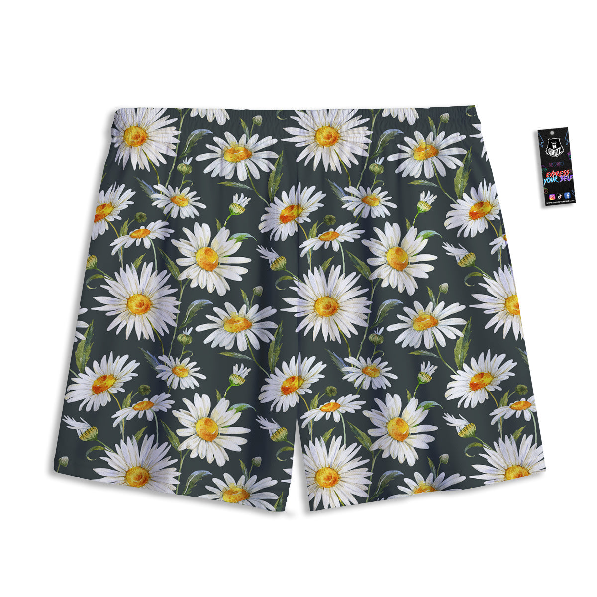 White Daisy Watercolor Print Pattern Mesh Shorts
