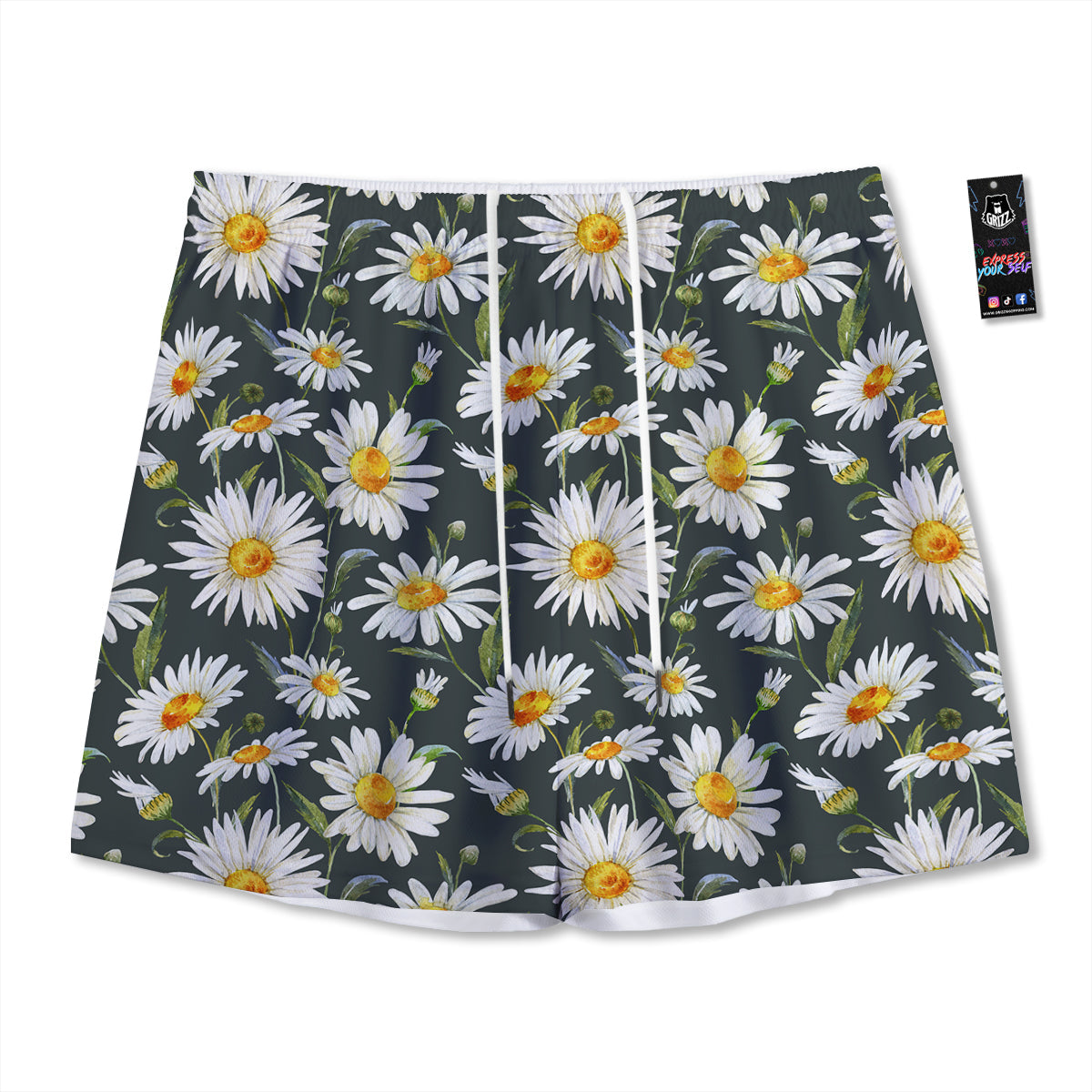 White Daisy Watercolor Print Pattern Mesh Shorts