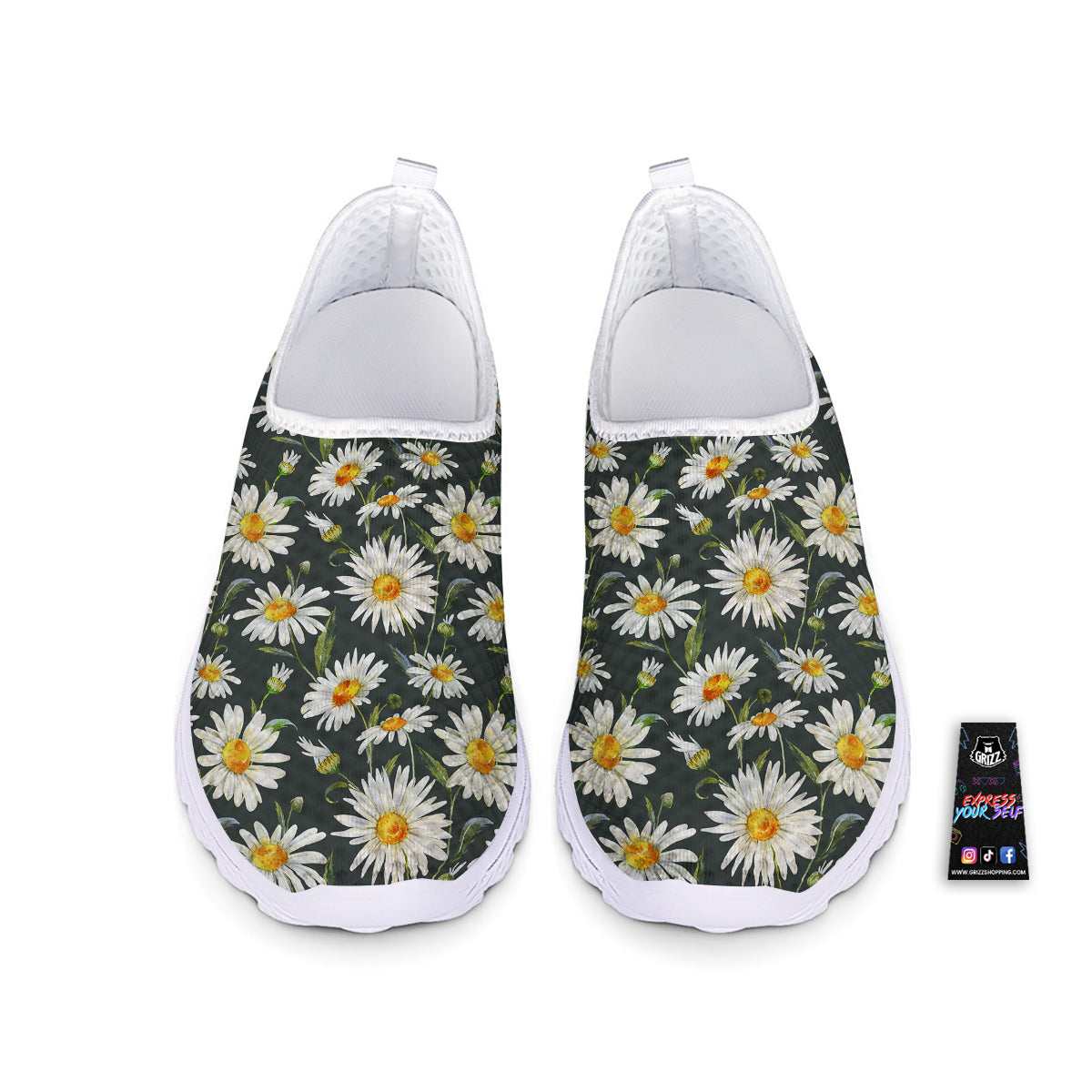 White Daisy Watercolor Print Pattern Nurse Shoes-grizzshop