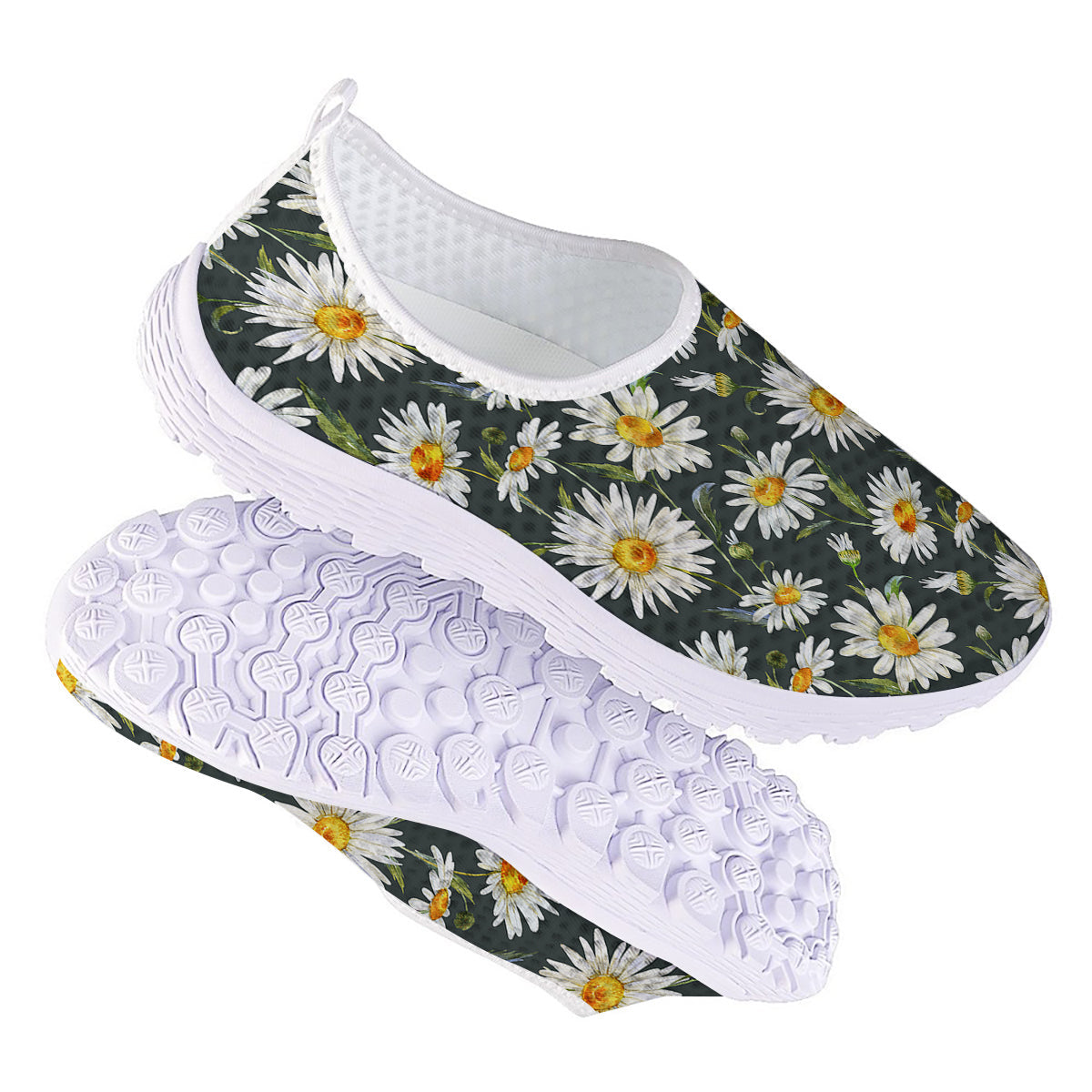 White Daisy Watercolor Print Pattern Nurse Shoes-grizzshop