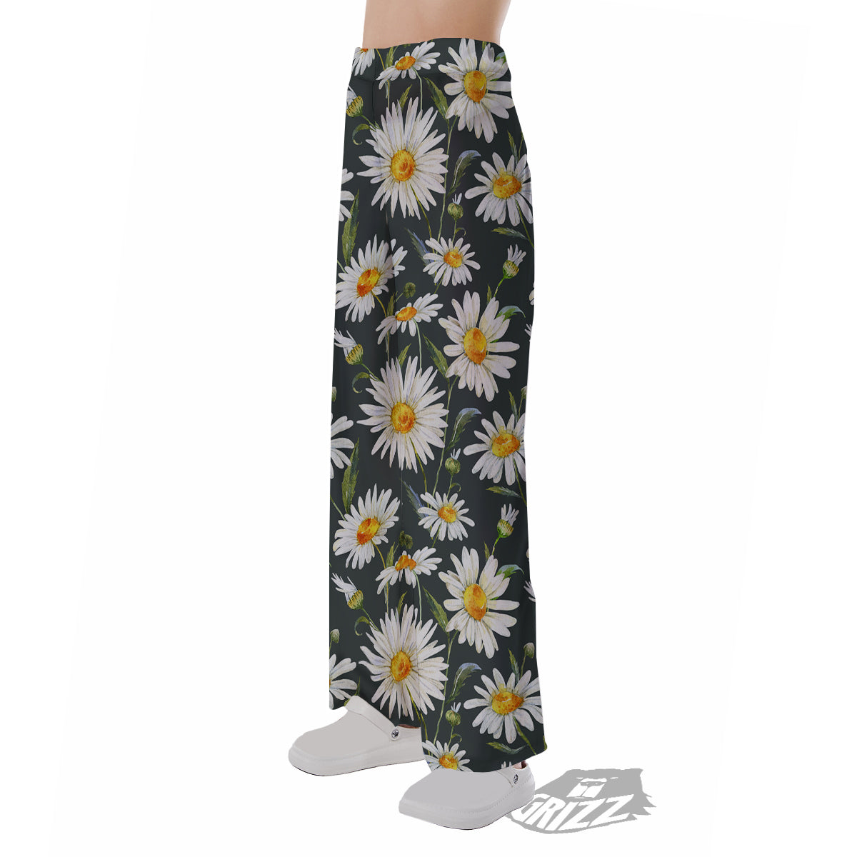 White Daisy Watercolor Print Pattern Pajama Pants-grizzshop