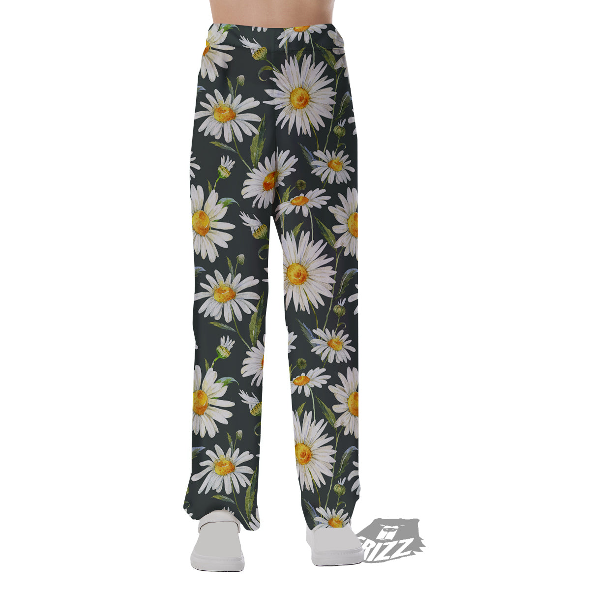White Daisy Watercolor Print Pattern Pajama Pants-grizzshop