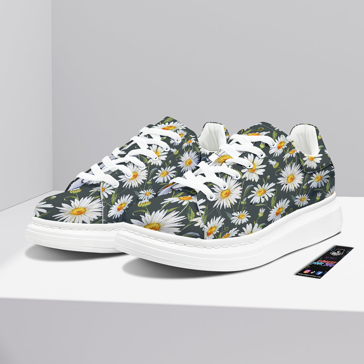 White Daisy Watercolor Print Pattern Platform Shoes-grizzshop