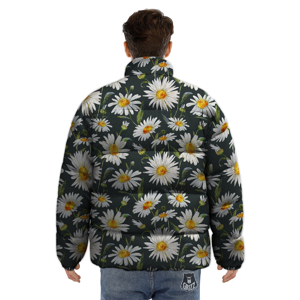 White Daisy Watercolor Print Pattern Puffer Jacket-grizzshop