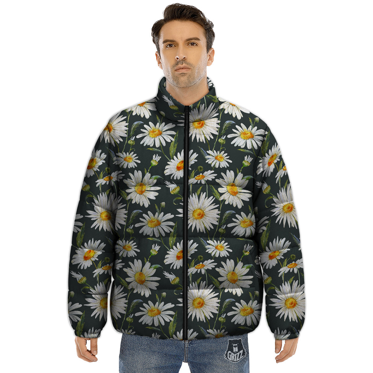 White Daisy Watercolor Print Pattern Puffer Jacket-grizzshop