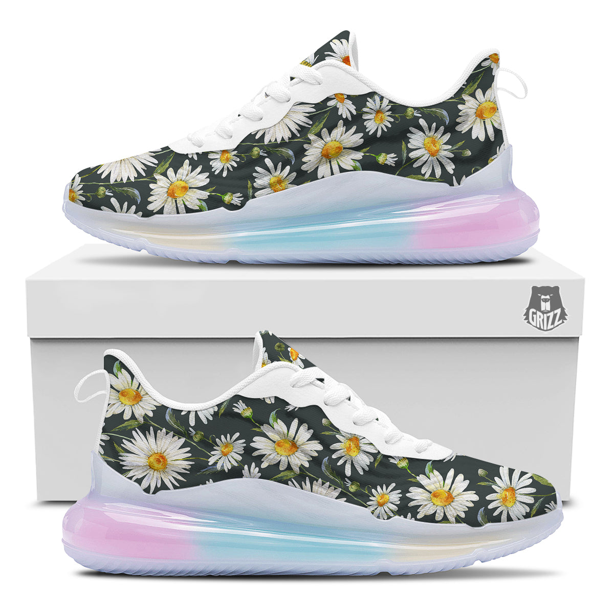 White Daisy Watercolor Print Pattern Running Sneakers-grizzshop