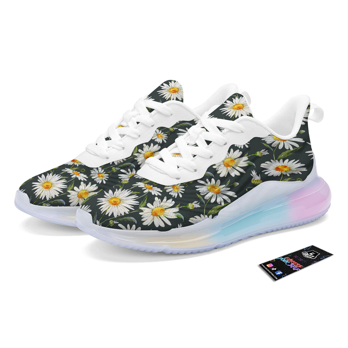 White Daisy Watercolor Print Pattern Running Sneakers-grizzshop