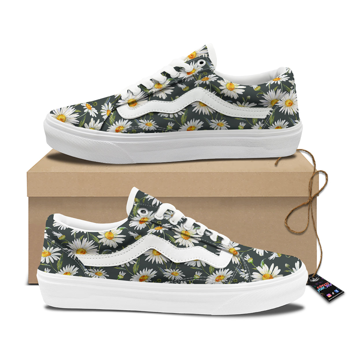 White Daisy Watercolor Print Pattern Skate Shoes-grizzshop