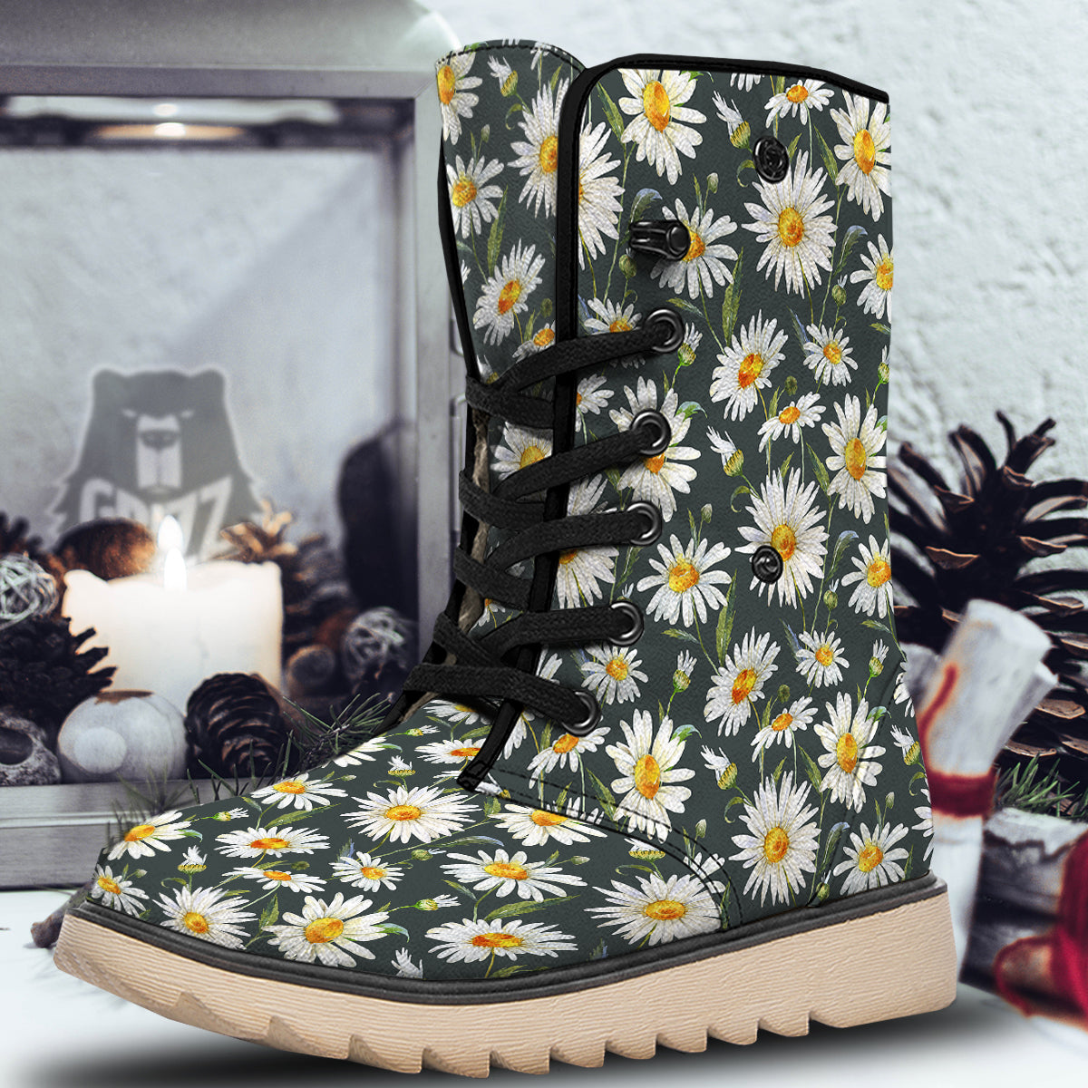 White Daisy Watercolor Print Pattern Snow Boots-grizzshop