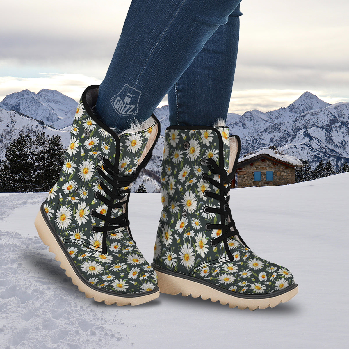 White Daisy Watercolor Print Pattern Snow Boots-grizzshop