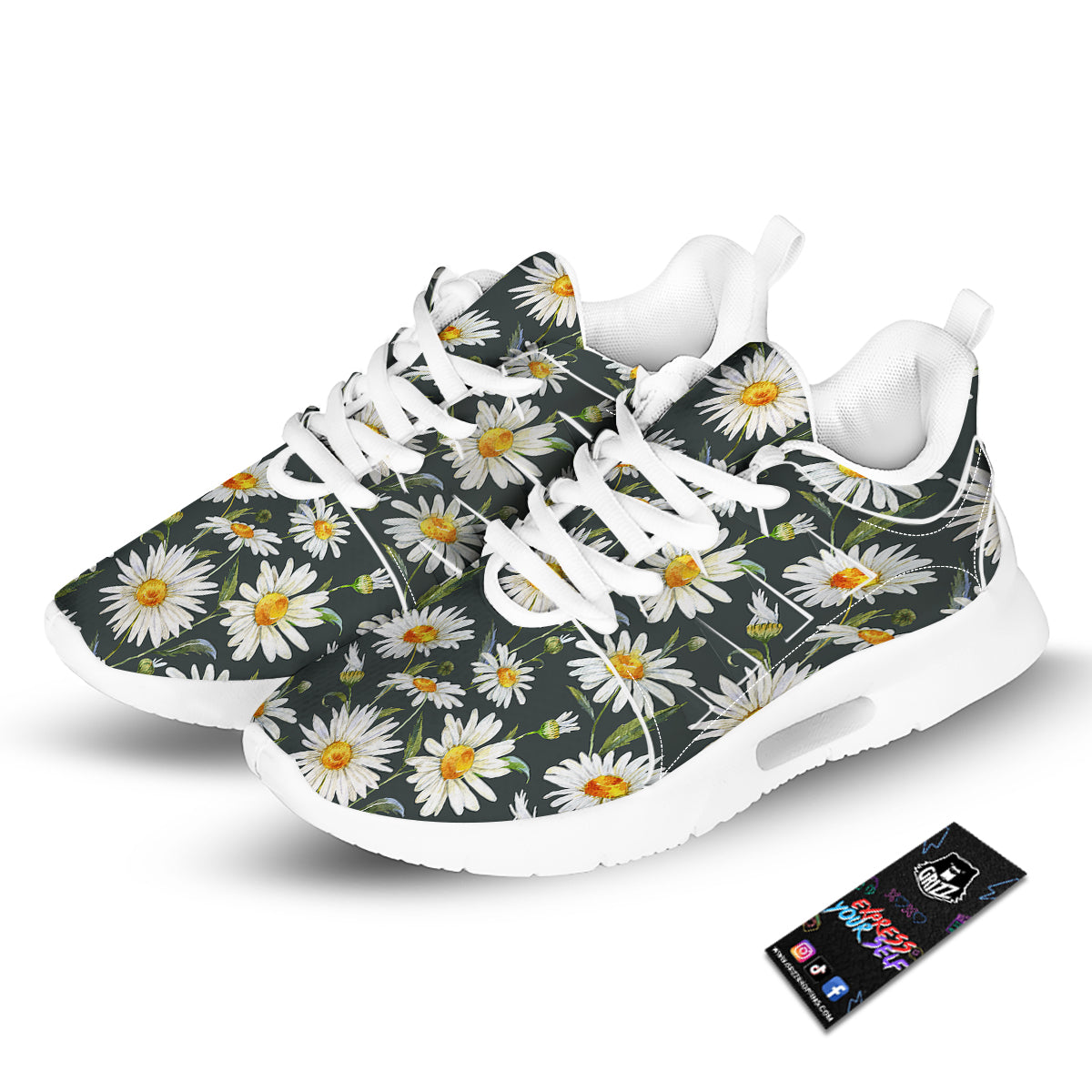 White Daisy Watercolor Print Pattern Tennis Shoes-grizzshop