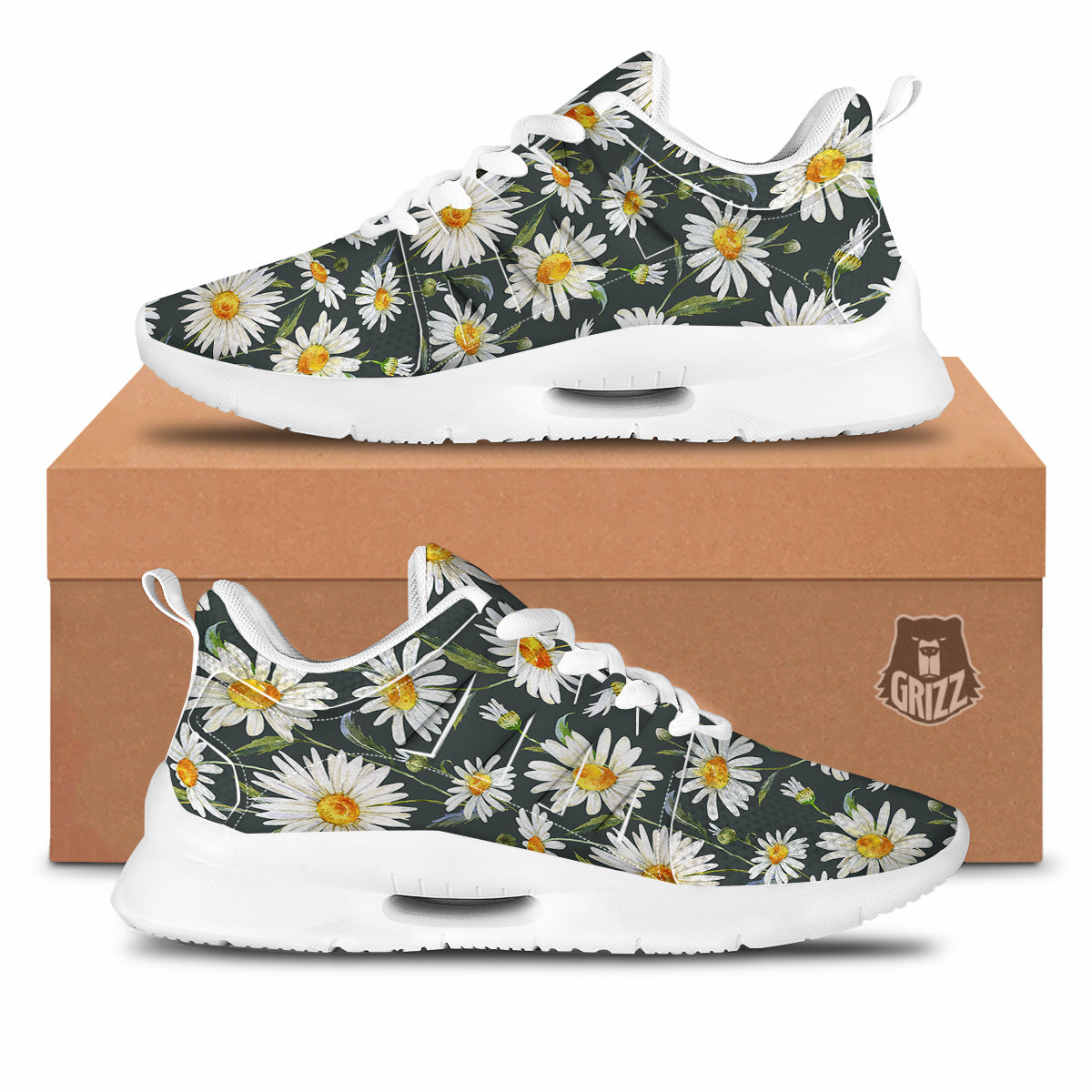 White Daisy Watercolor Print Pattern Tennis Shoes-grizzshop