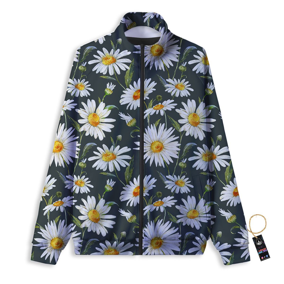 White Daisy Watercolor Print Pattern Track Jacket-grizzshop