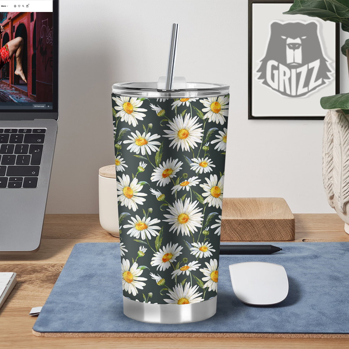 White Daisy Watercolor Print Pattern Tumbler-grizzshop