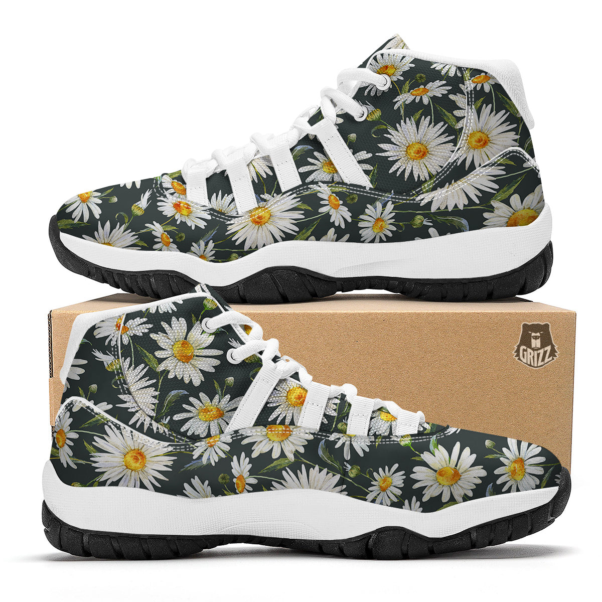 White Daisy Watercolor Print Pattern White Bball Shoes-grizzshop