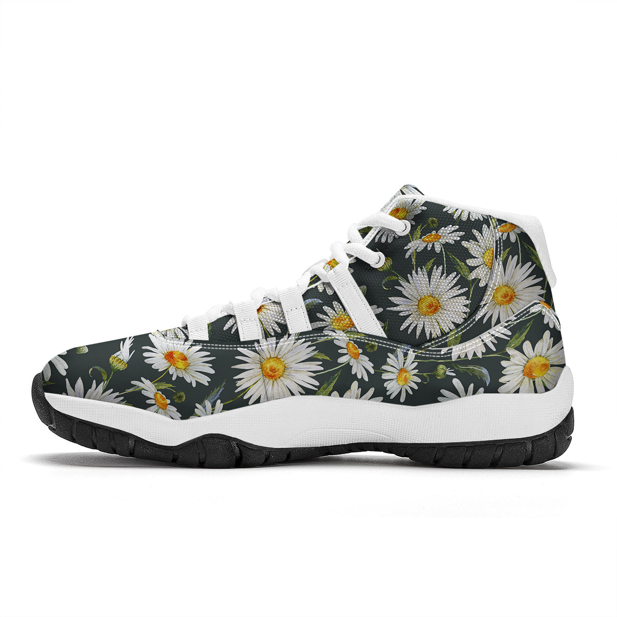 White Daisy Watercolor Print Pattern White Bball Shoes-grizzshop