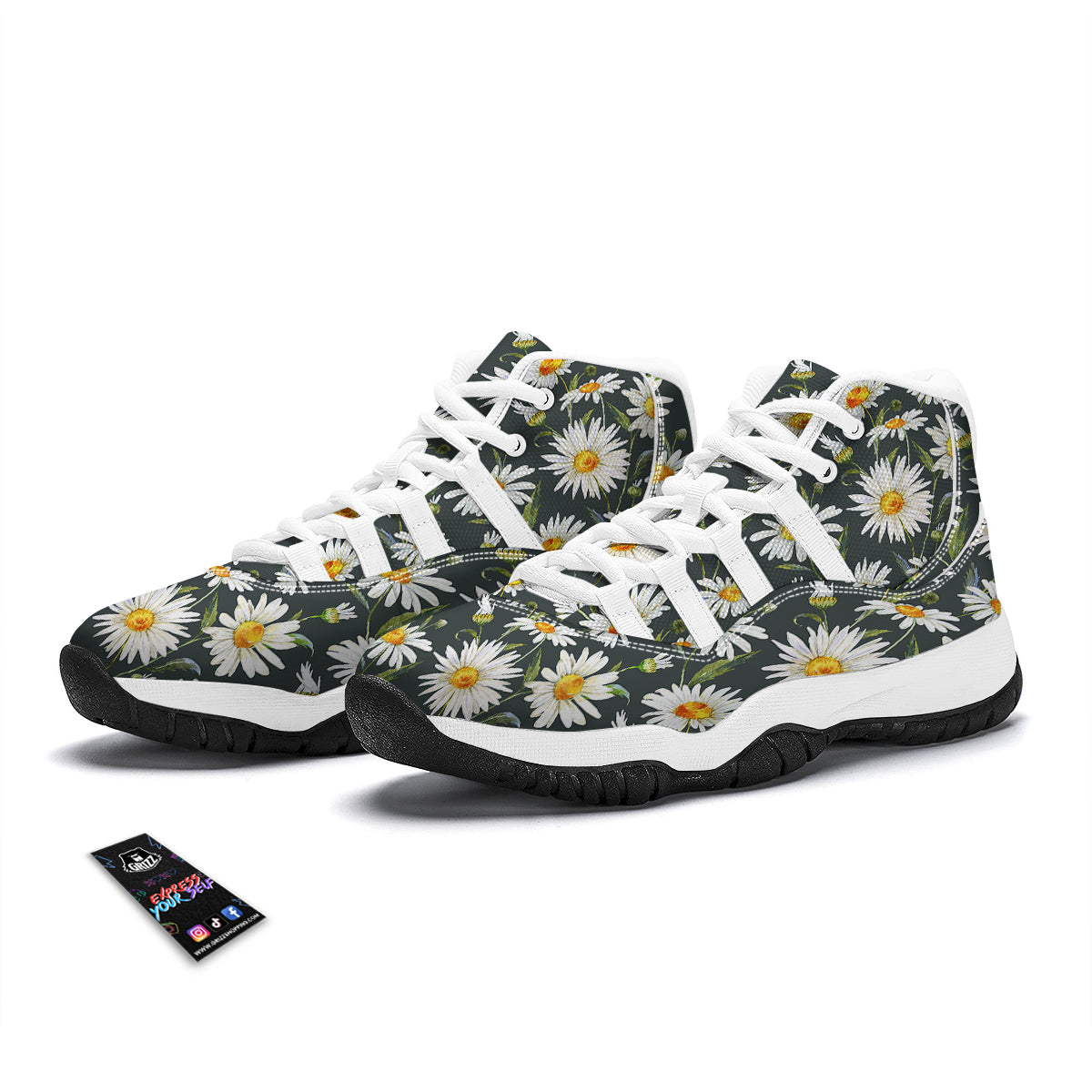 White Daisy Watercolor Print Pattern White Bball Shoes-grizzshop