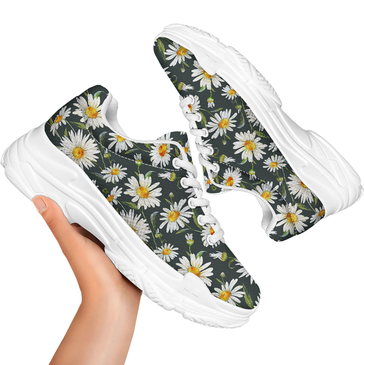 White Daisy Watercolor Print Pattern White Chunky Shoes-grizzshop