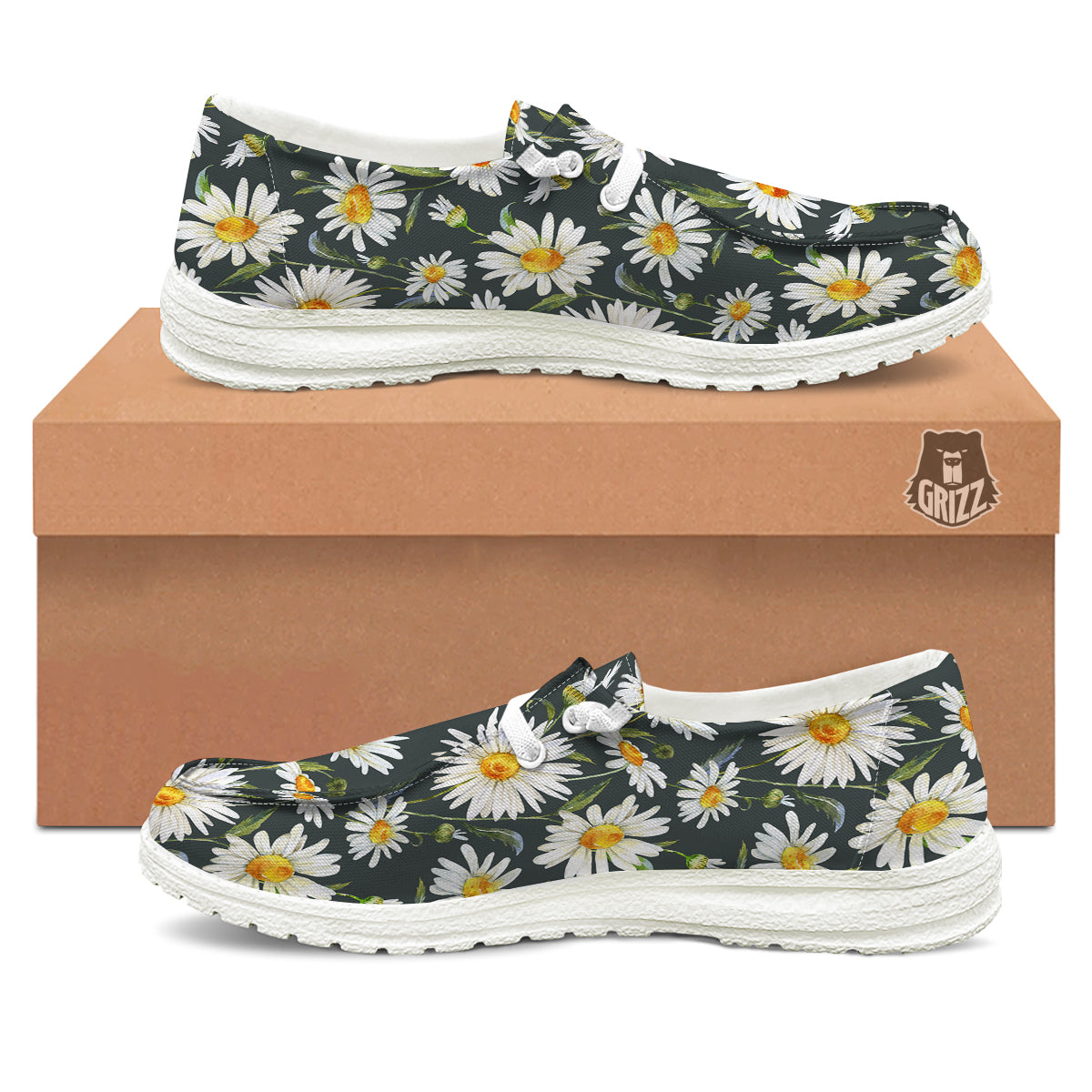 White Daisy Watercolor Print Pattern White Loafers-grizzshop
