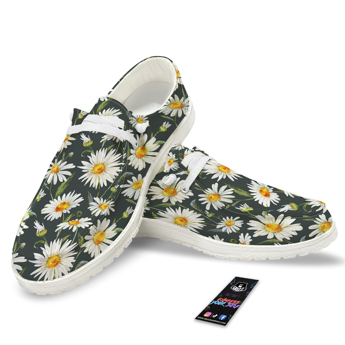 White Daisy Watercolor Print Pattern White Loafers-grizzshop