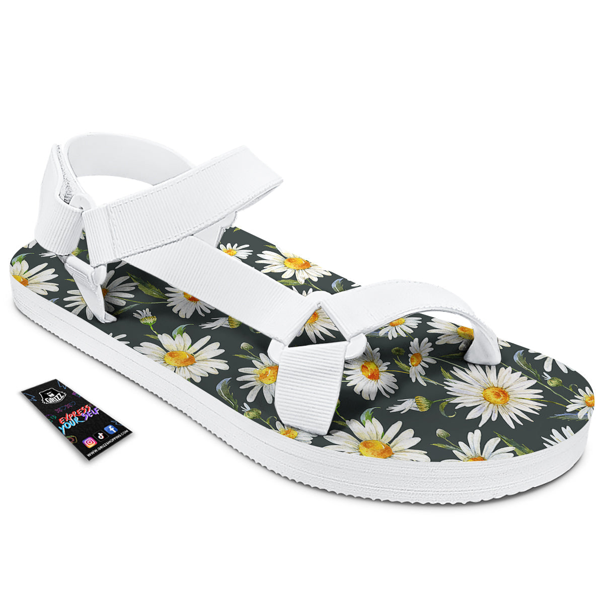 White Daisy Watercolor Print Pattern White Open Toe Sandals-grizzshop