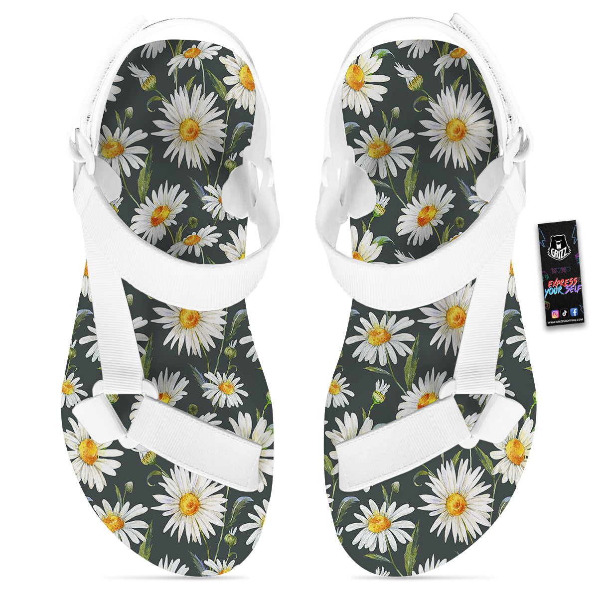 White Daisy Watercolor Print Pattern White Open Toe Sandals-grizzshop