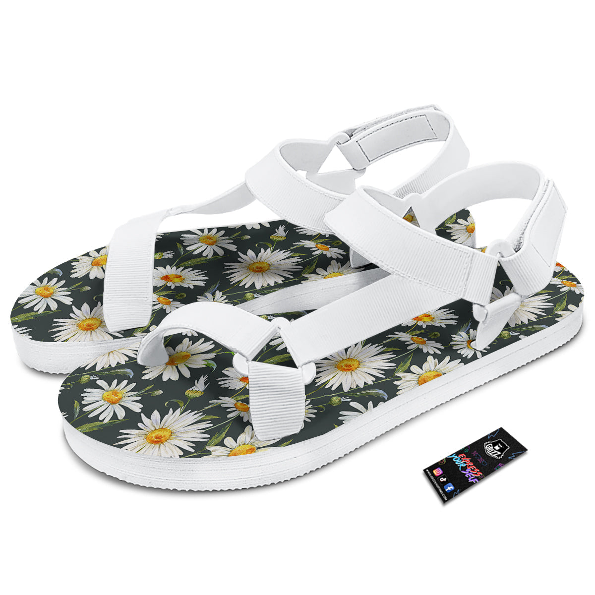 White Daisy Watercolor Print Pattern White Open Toe Sandals-grizzshop