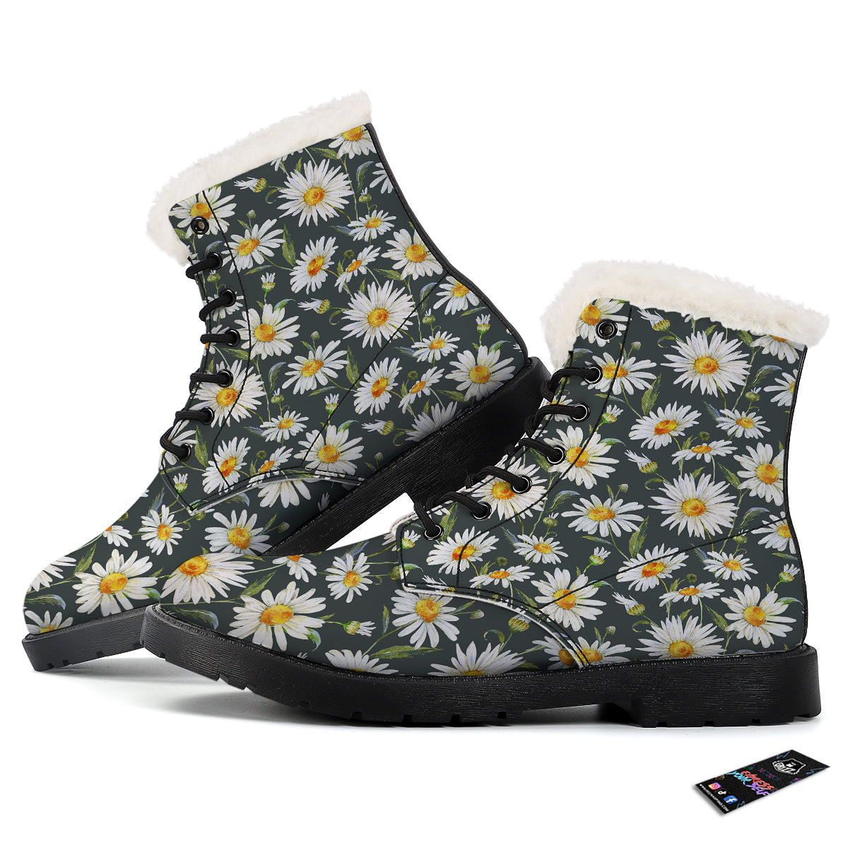 White Daisy Watercolor Print Pattern Winter Boots-grizzshop