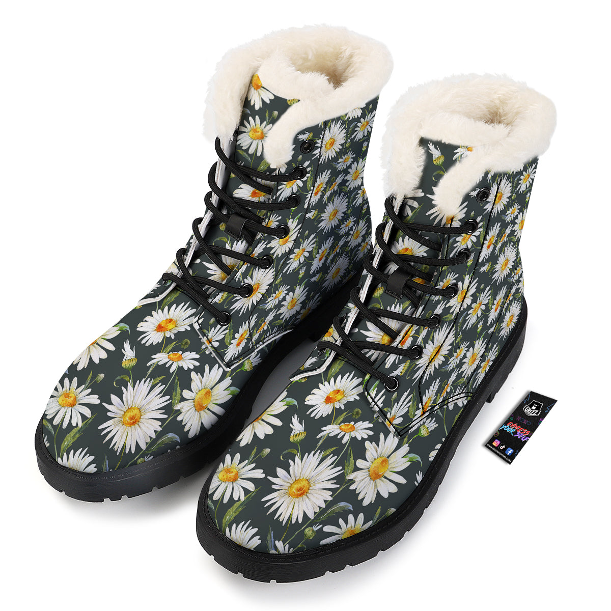 White Daisy Watercolor Print Pattern Winter Boots-grizzshop