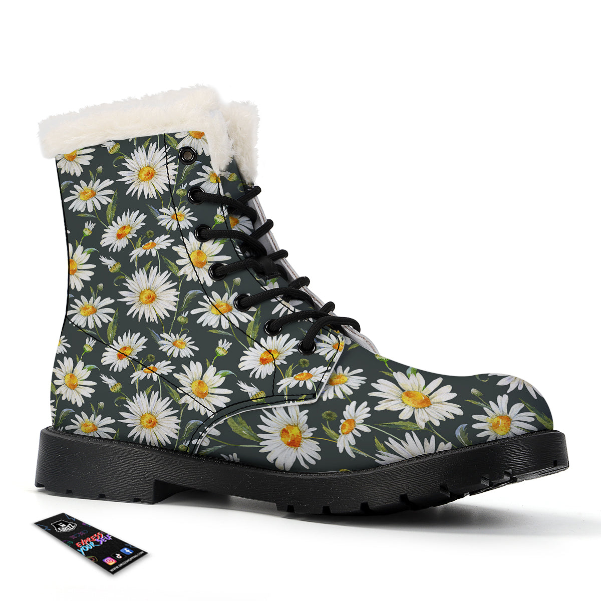 White Daisy Watercolor Print Pattern Winter Boots-grizzshop