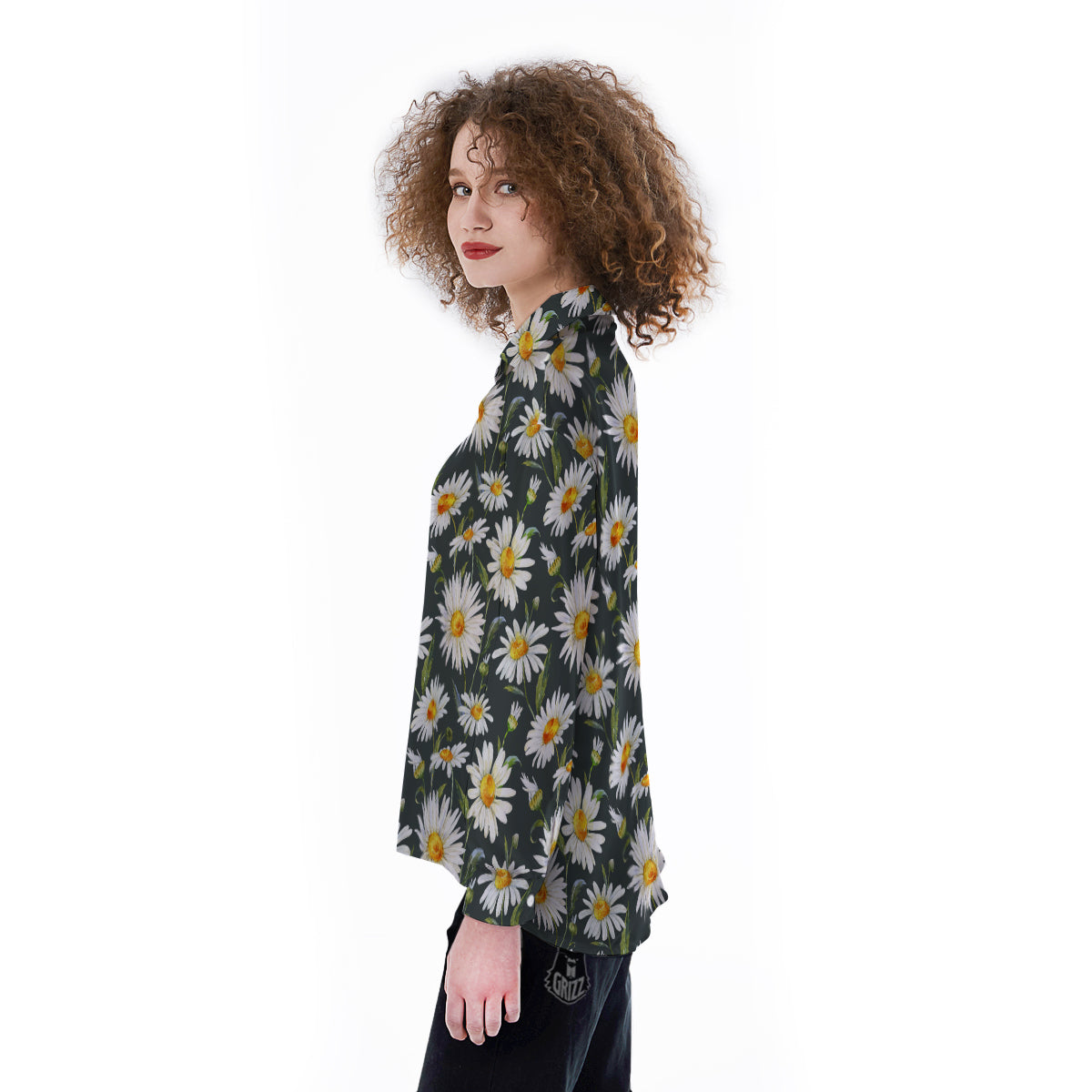 White Daisy Watercolor Print Pattern Women's Long Sleeve Shirts-grizzshop