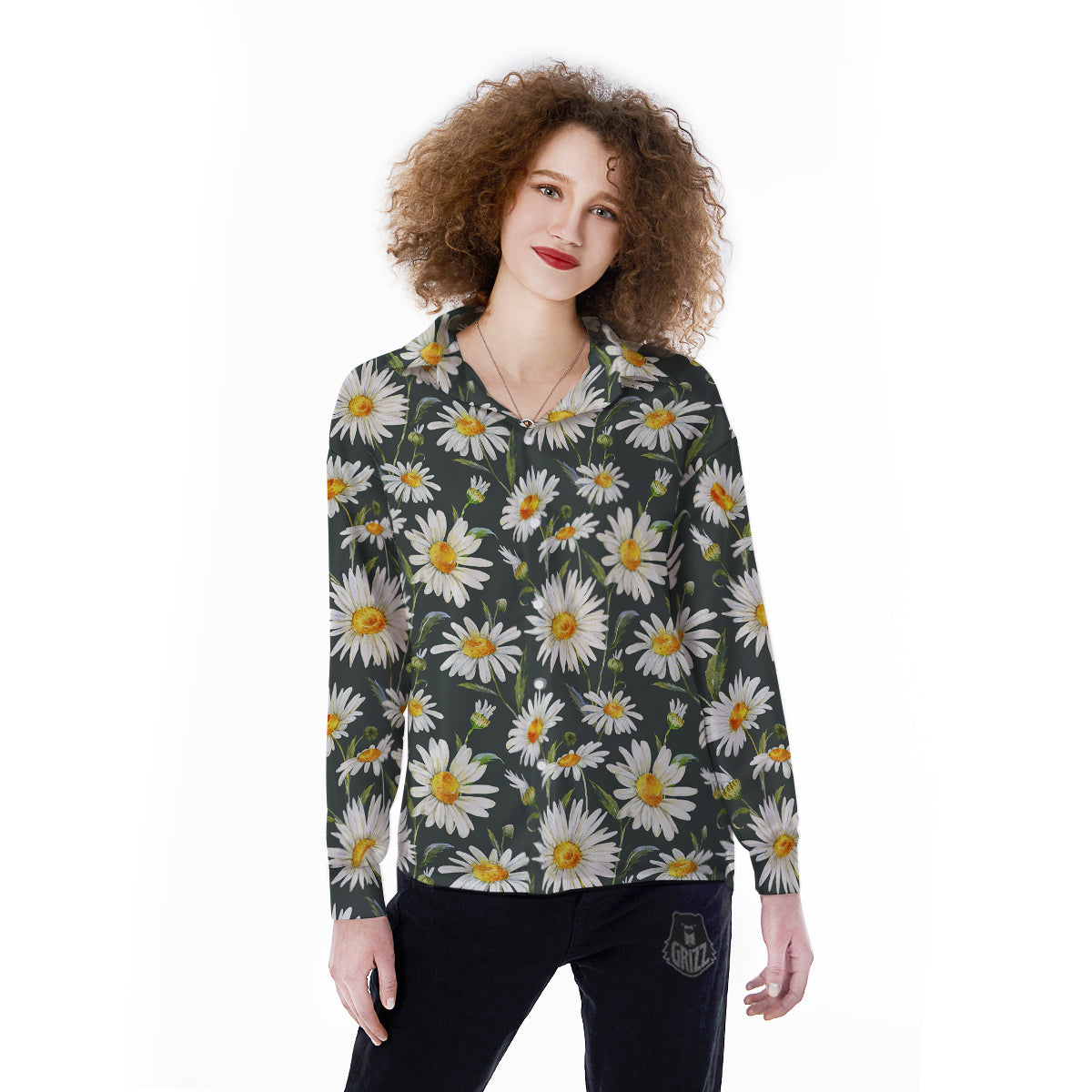 White Daisy Watercolor Print Pattern Women's Long Sleeve Shirts-grizzshop