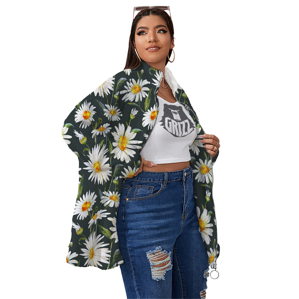 White Daisy Watercolor Print Pattern Women's Sherpa Jacket-grizzshop