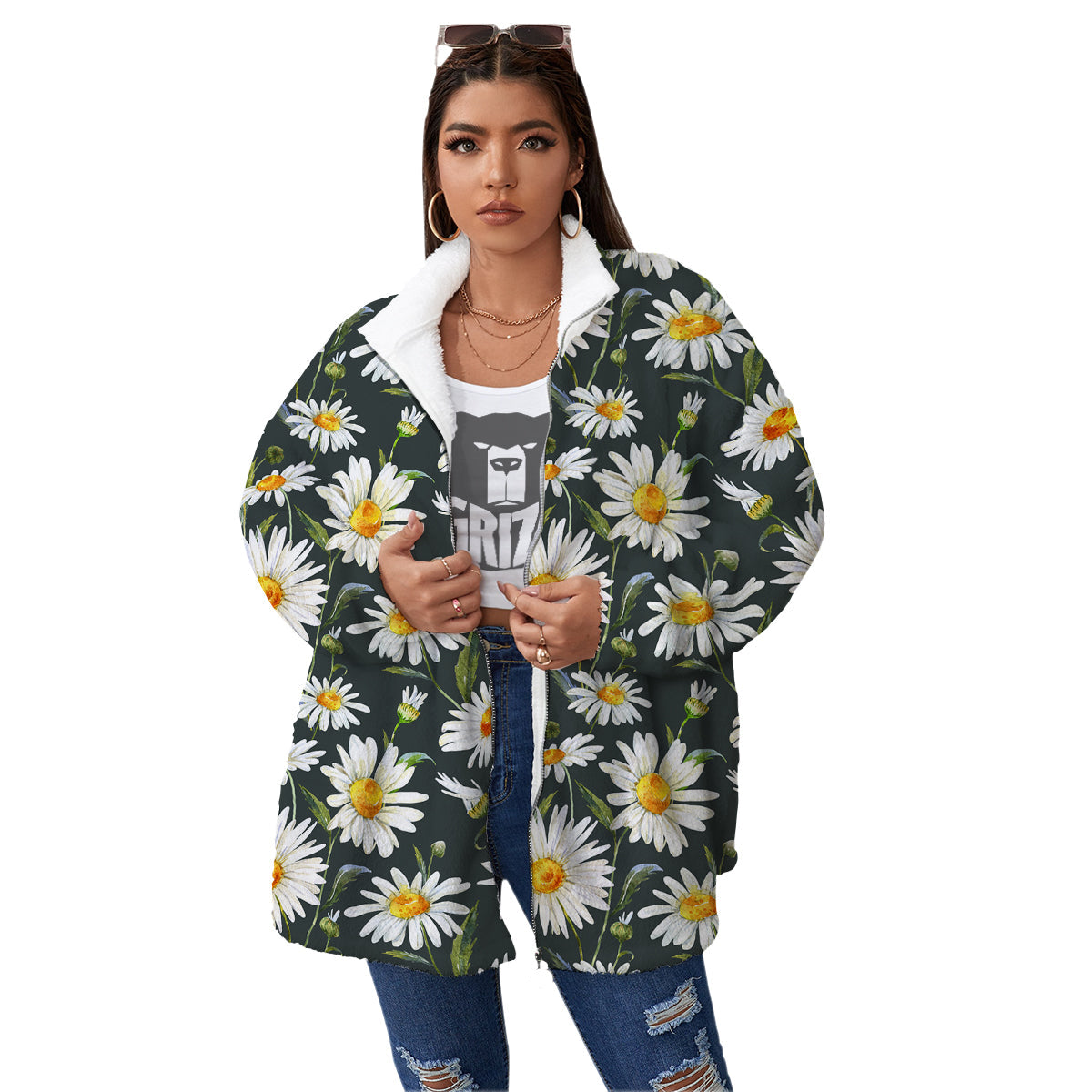 White Daisy Watercolor Print Pattern Women's Sherpa Jacket-grizzshop