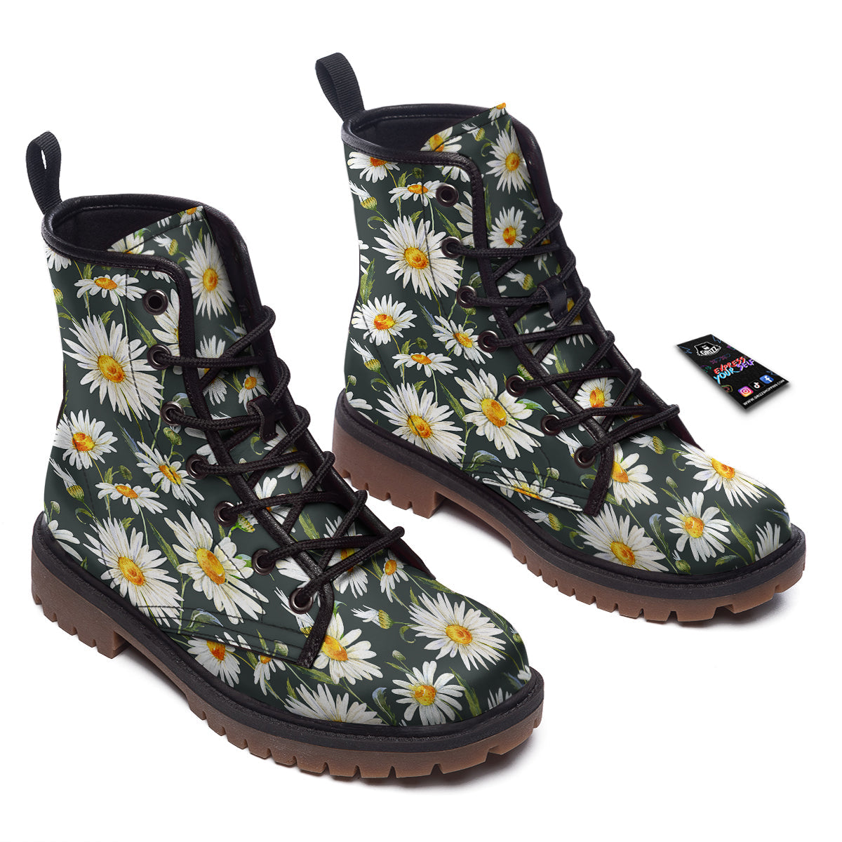 White Daisy Watercolor Print Pattern Work Boots-grizzshop