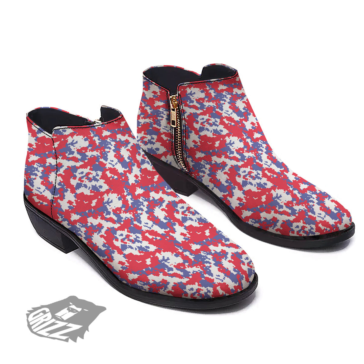 White Digital Camo And Blue Red Print Ankle Boots-grizzshop