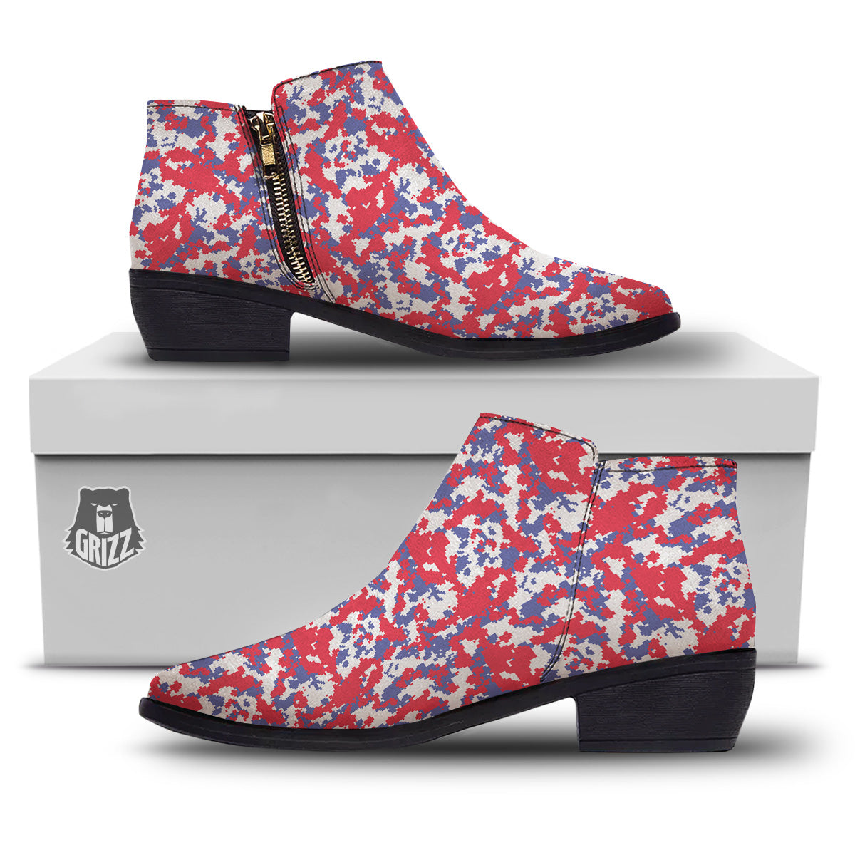 White Digital Camo And Blue Red Print Ankle Boots-grizzshop