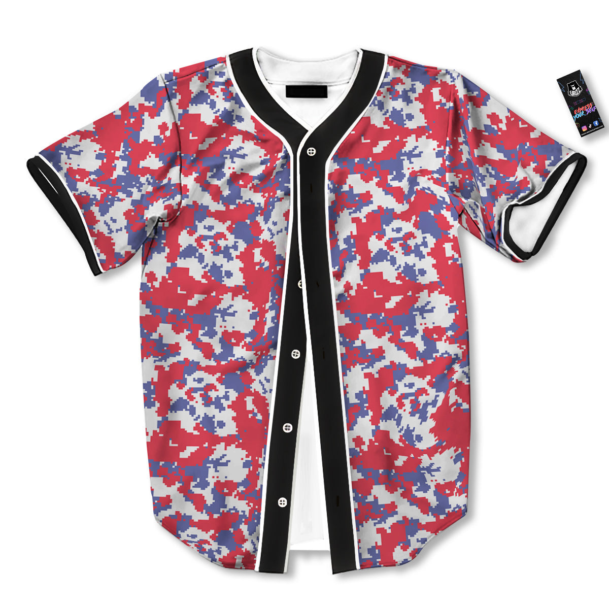 White Digital Camo And Blue Red Print Baseball Jersey-grizzshop