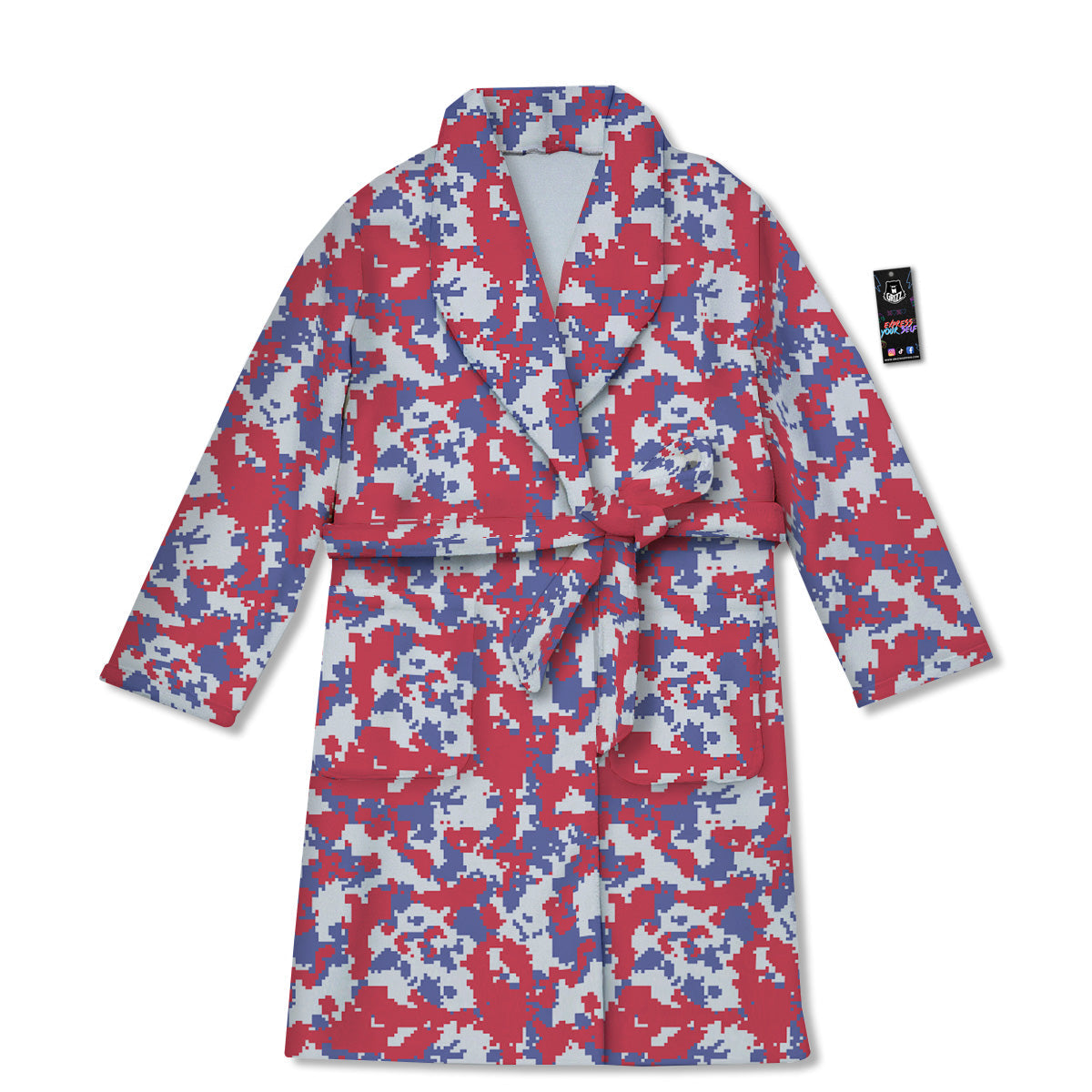 White Digital Camo And Blue Red Print Bathrobe-grizzshop
