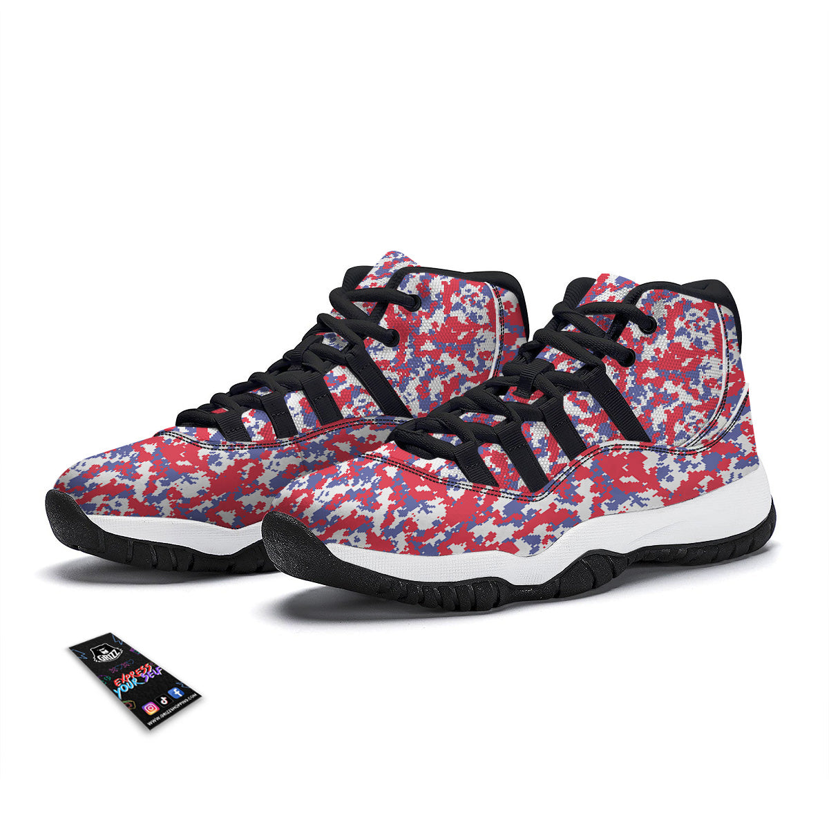 White Digital Camo And Blue Red Print Black Bball Shoes-grizzshop