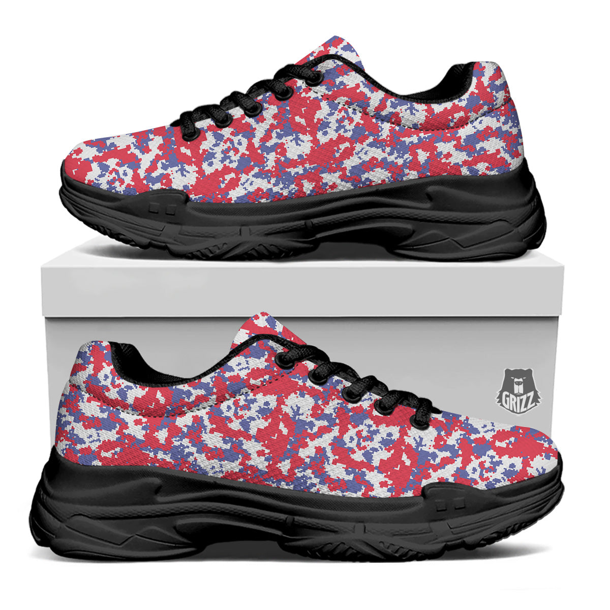 White Digital Camo And Blue Red Print Black Chunky Shoes-grizzshop