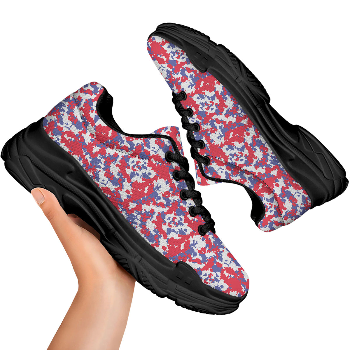 White Digital Camo And Blue Red Print Black Chunky Shoes-grizzshop