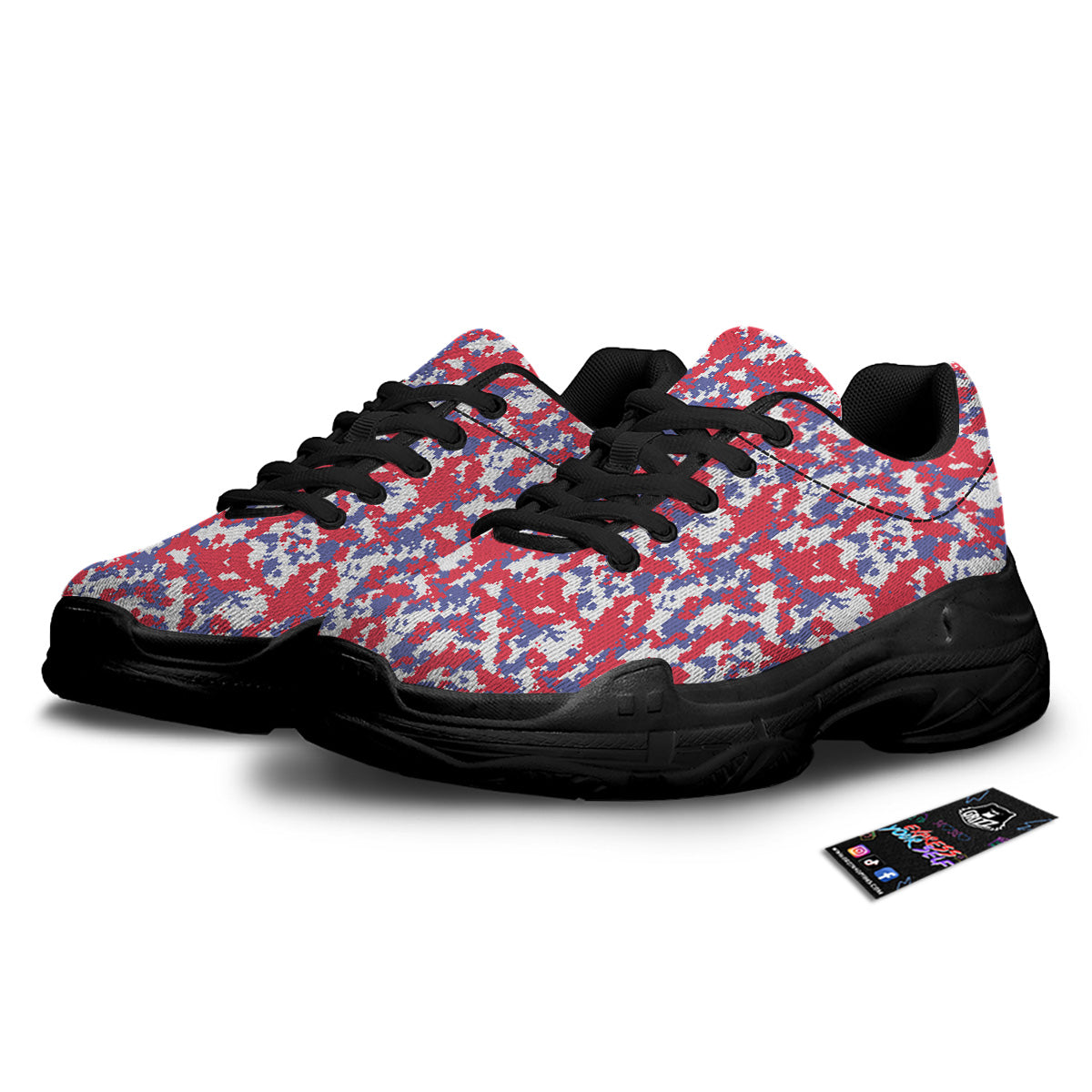 White Digital Camo And Blue Red Print Black Chunky Shoes-grizzshop