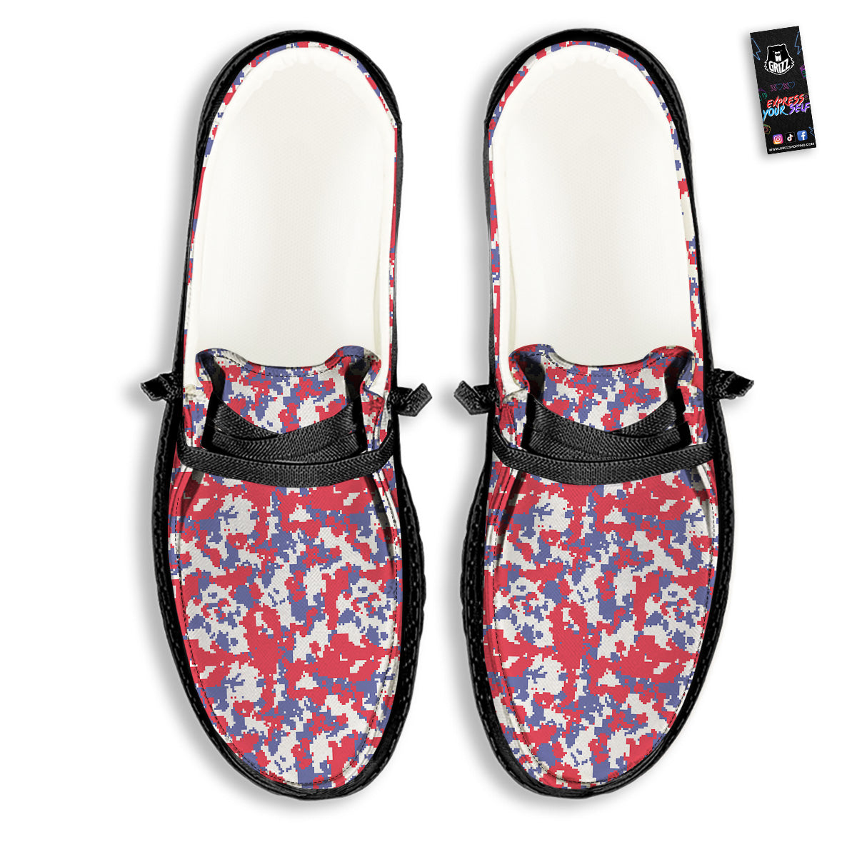 White Digital Camo And Blue Red Print Black Loafers-grizzshop